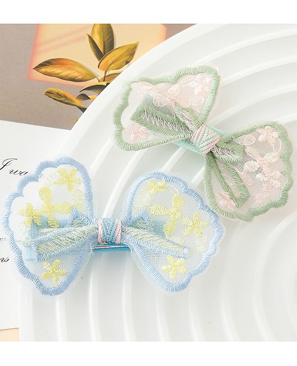 Pine Kids Bow & Butterfly Clips With Applique - White & Blue