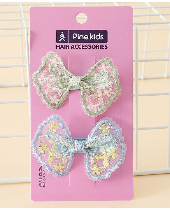 Pine Kids Bow & Butterfly Clips With Applique - White & Blue