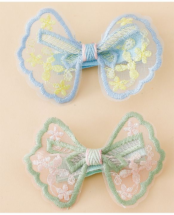 Pine Kids Bow & Butterfly Clips With Applique - White & Blue