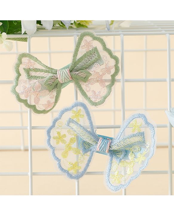 Pine Kids Bow & Butterfly Clips With Applique - White & Blue