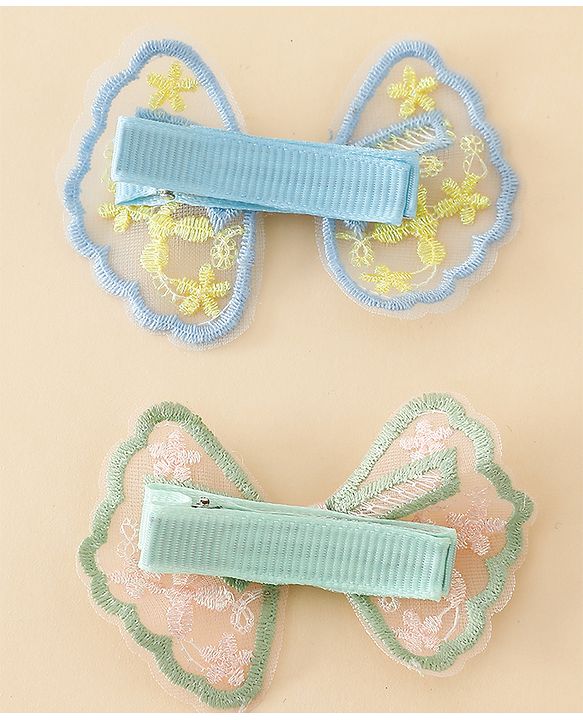 Pine Kids Bow & Butterfly Clips With Applique - White & Blue