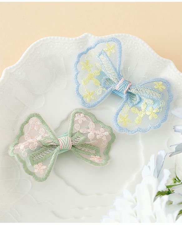 Pine Kids Bow & Butterfly Clips With Applique - White & Blue