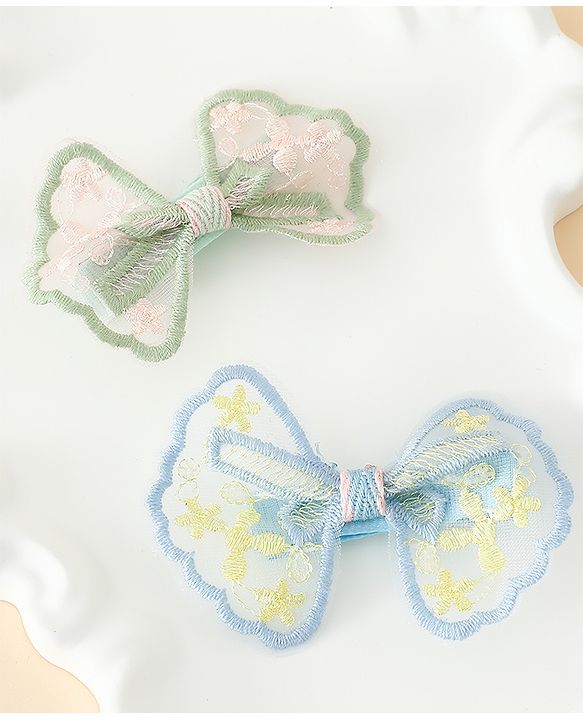Pine Kids Bow & Butterfly Clips With Applique - White & Blue