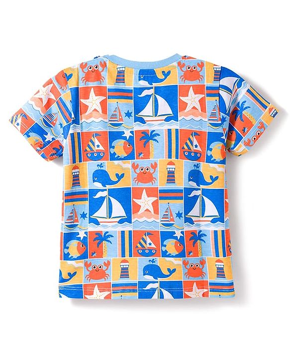 Babyhug Cotton Knit Half Sleeves  T-Shirt with Sea Life Theme Print - Multicolor