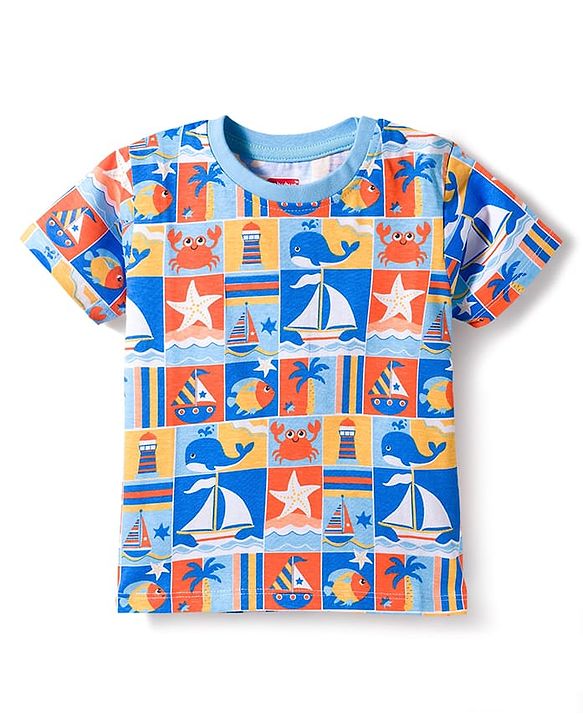 Babyhug Cotton Knit Half Sleeves  T-Shirt with Sea Life Theme Print - Multicolor