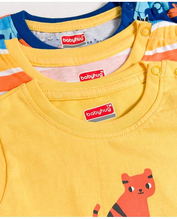 Babyhug Cotton Knit Half Sleeves T-Shirts with Stripes & Animal Graphics Pack of 3 - Multi Color