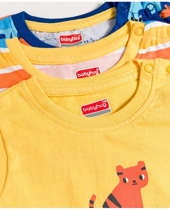 Babyhug Cotton Knit Half Sleeves T-Shirts with Stripes & Animal Graphics Pack of 3 - Multi Color