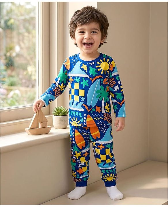 Babyhug Cotton Knit Full Sleeves T-Shirt & Lounge Pant Co-ords Night Suit With Tropical Theme Print - Navy Blue