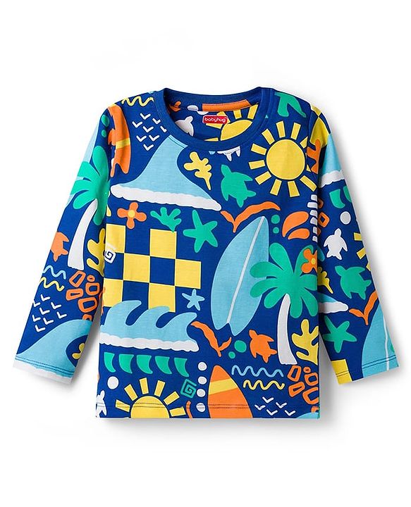 Babyhug Cotton Knit Full Sleeves T-Shirt & Lounge Pant Co-ords Night Suit With Tropical Theme Print - Navy Blue