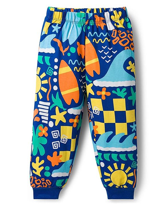 Babyhug Cotton Knit Full Sleeves T-Shirt & Lounge Pant Co-ords Night Suit With Tropical Theme Print - Navy Blue