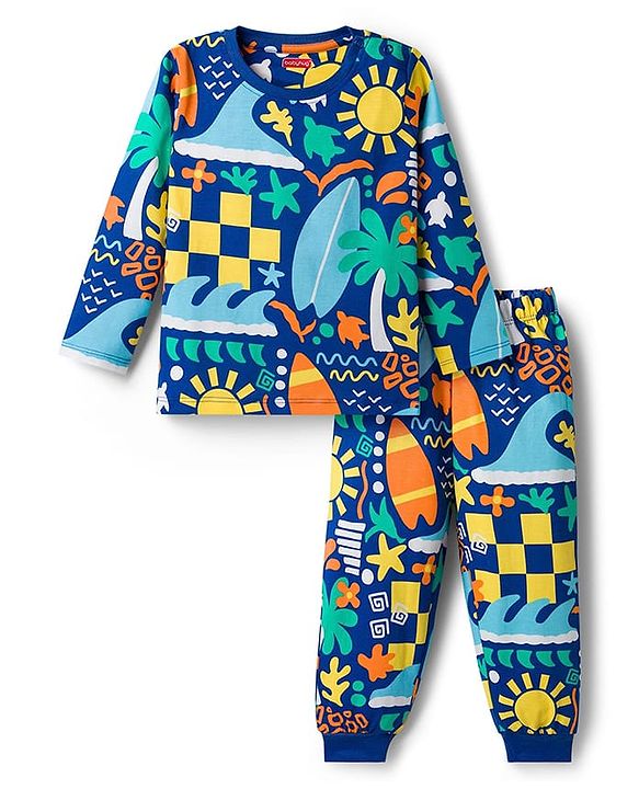 Babyhug Cotton Knit Full Sleeves T-Shirt & Lounge Pant Co-ords Night Suit With Tropical Theme Print - Navy Blue