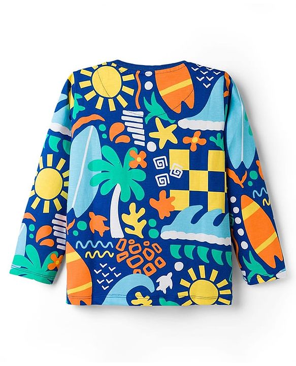 Babyhug Cotton Knit Full Sleeves T-Shirt & Lounge Pant Co-ords Night Suit With Tropical Theme Print - Navy Blue