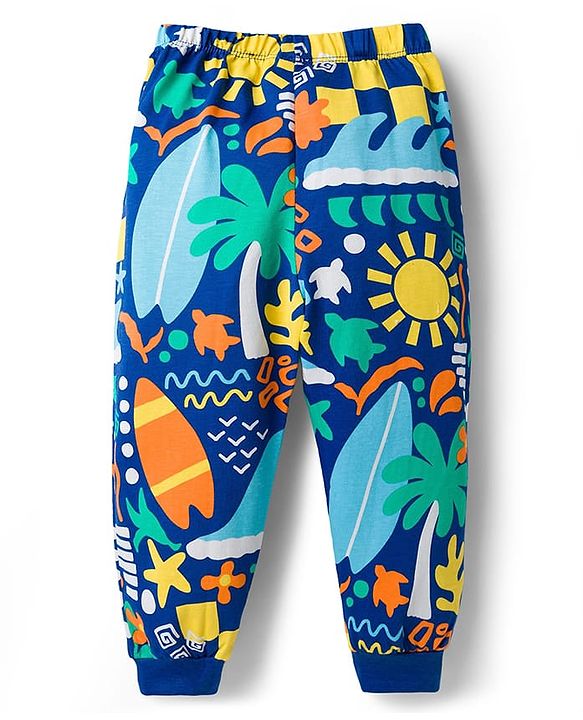 Babyhug Cotton Knit Full Sleeves T-Shirt & Lounge Pant Co-ords Night Suit With Tropical Theme Print - Navy Blue