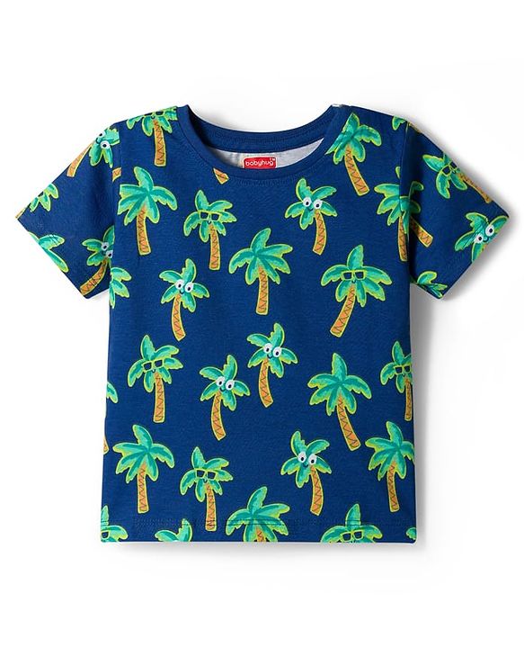 Babyhug Cotton Knit Half Sleeves T-Shirt with Tree Print - Navy Blue