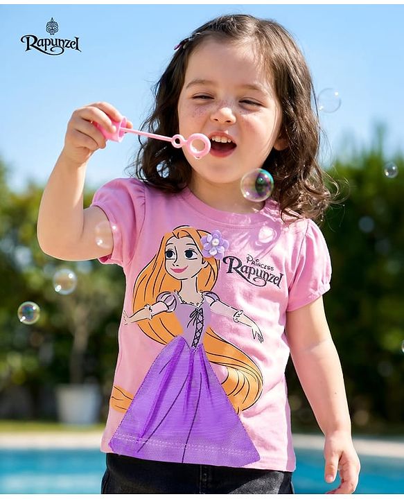 Babyhug Disney Single Jersey Knit Half Sleeves T-Shirt With Rapunzel Graphics - Pink