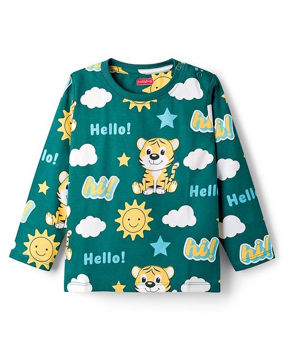 Babyhug Cotton Knit Full Sleeves Tiger Printed Co-Ords Pyjama Night Suit - Green