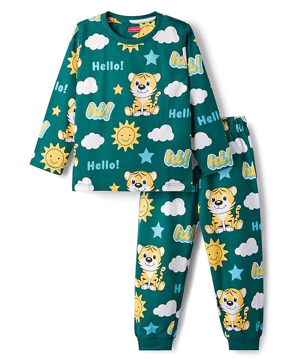 Babyhug Cotton Knit Full Sleeves Tiger Printed Co-Ords Pyjama Night Suit - Green
