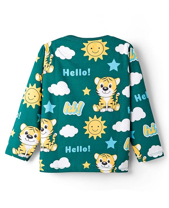 Babyhug Cotton Knit Full Sleeves Tiger Printed Co-Ords Pyjama Night Suit - Green