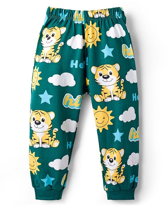 Babyhug Cotton Knit Full Sleeves Tiger Printed Co-Ords Pyjama Night Suit - Green