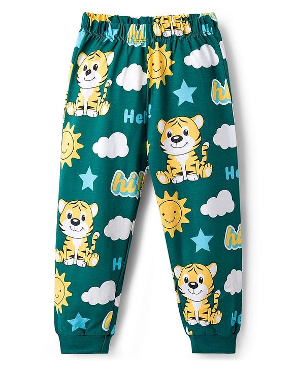 Babyhug Cotton Knit Full Sleeves Tiger Printed Co-Ords Pyjama Night Suit - Green