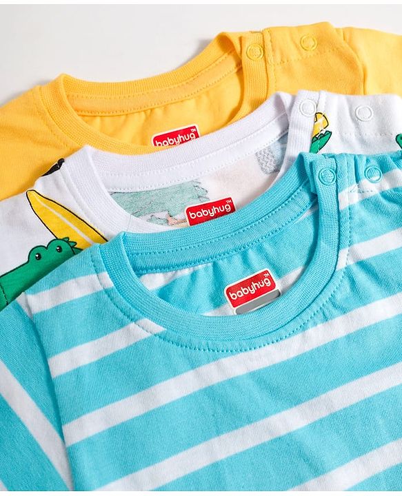 Babyhug Cotton Knit Half Sleeves T-Shirts with Stripes & Croc in Car Graphics Pack of 3 - Yellow Light Blue & White