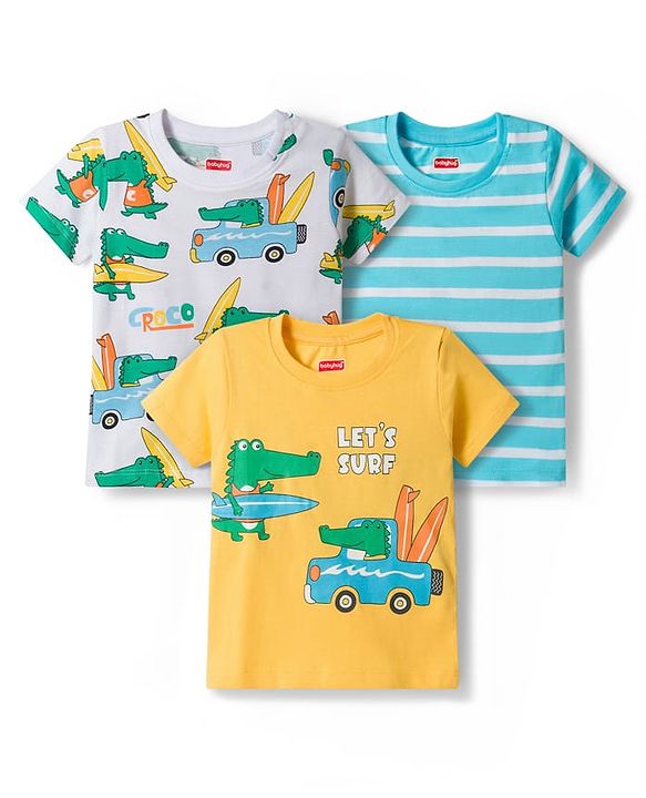 Babyhug Cotton Knit Half Sleeves T-Shirts with Stripes & Croc in Car Graphics Pack of 3 - Yellow Light Blue & White