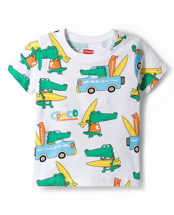 Babyhug Cotton Knit Half Sleeves T-Shirts with Stripes & Croc in Car Graphics Pack of 3 - Yellow Light Blue & White
