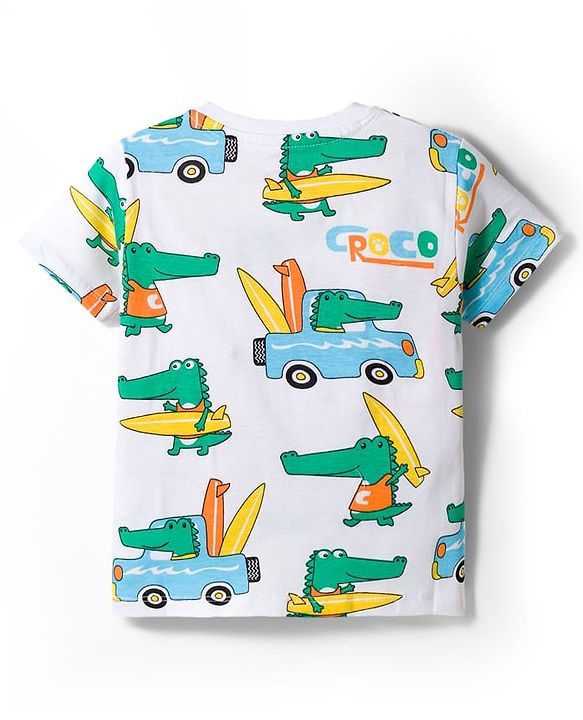 Babyhug Cotton Knit Half Sleeves T-Shirts with Stripes & Croc in Car Graphics Pack of 3 - Yellow Light Blue & White