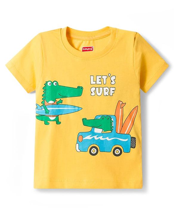 Babyhug Cotton Knit Half Sleeves T-Shirts with Stripes & Croc in Car Graphics Pack of 3 - Yellow Light Blue & White