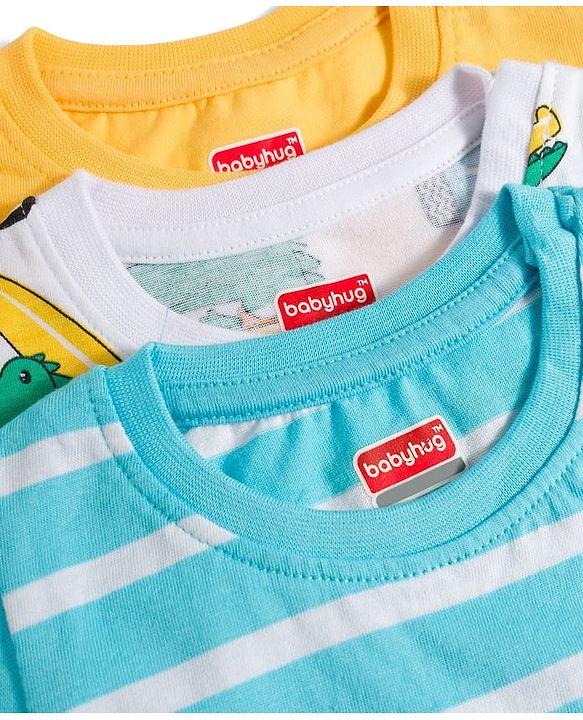 Babyhug Cotton Knit Half Sleeves T-Shirts with Stripes & Croc in Car Graphics Pack of 3 - Yellow Light Blue & White