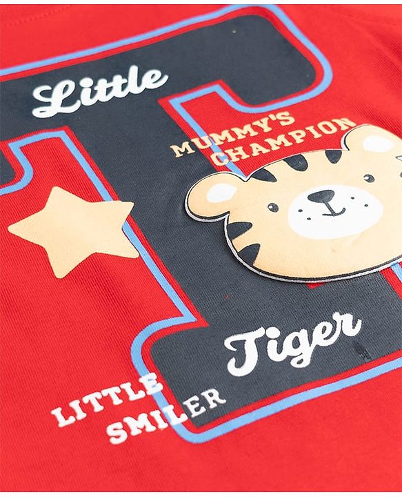 Babyhug Cotton Knit Sleeveless Tank T-Shirt with Tiger Applique - Red
