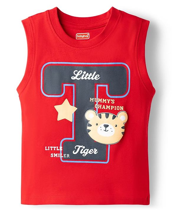 Babyhug Cotton Knit Sleeveless Tank T-Shirt with Tiger Applique - Red
