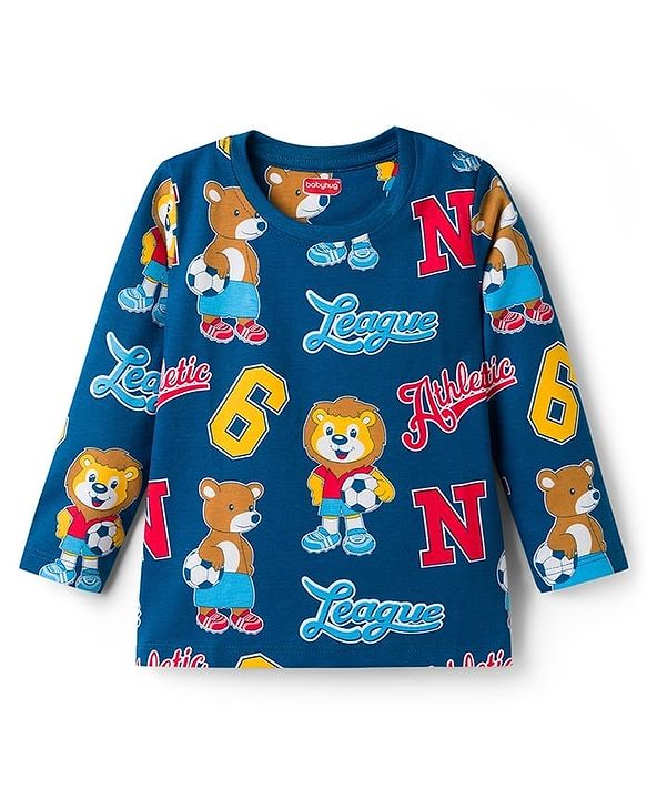 Babyhug Cotton Knit Full Sleeves T-Shirt & Lounge Pant Co-ords Night Suit With Bear Print - Navy Blue
