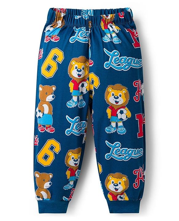 Babyhug Cotton Knit Full Sleeves T-Shirt & Lounge Pant Co-ords Night Suit With Bear Print - Navy Blue