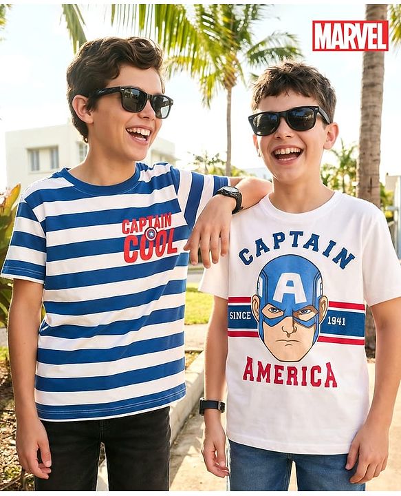 Pine Kids Marvel 100% Cotton Knit Drop Shoulder Half Sleeves Striped T-Shirt With Avengers Graphic Pack Of 2 - Multicolour