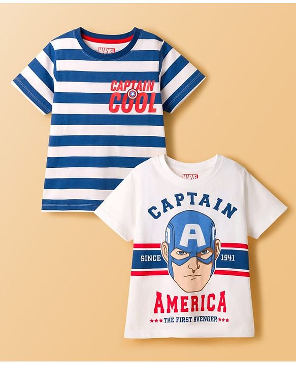 Pine Kids Marvel 100% Cotton Knit Drop Shoulder Half Sleeves Striped T-Shirt With Avengers Graphic Pack Of 2 - Multicolour