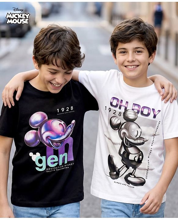Pine Kids Disney Single Jersey Knit Half Sleeves T-Shirts With Mickey Mouse Graphics Pack of 2 - Black & White