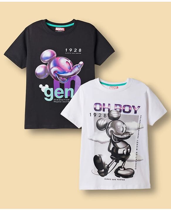 Pine Kids Disney Single Jersey Knit Half Sleeves T-Shirts With Mickey Mouse Graphics Pack of 2 - Black & White