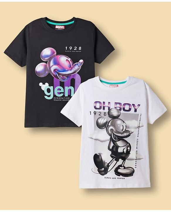 Pine Kids Disney Single Jersey Knit Half Sleeves T-Shirts With Mickey Mouse Graphics Pack of 2 - Black & White