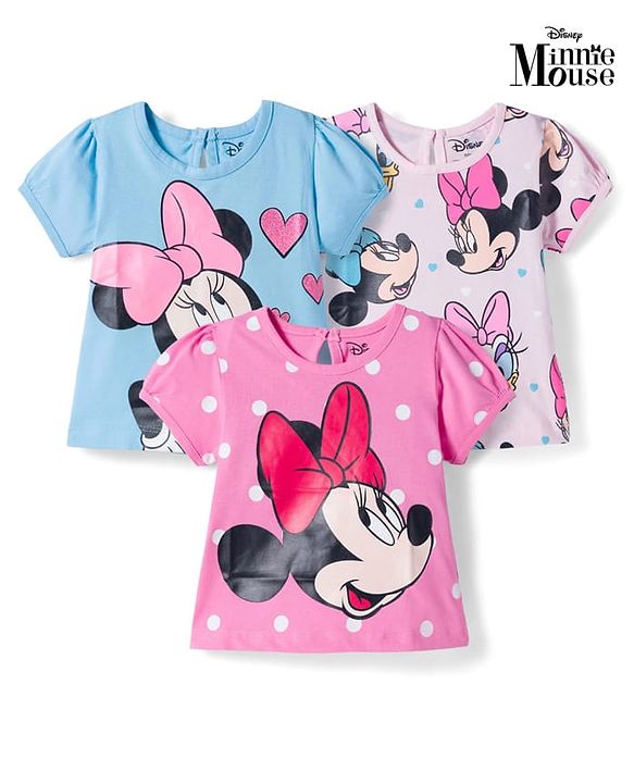 Babyhug Disney Single Jersey Knit Half Sleeves T-Shirts With Minnie Mouse Graphics Pack of 3 - Pink Blue & White