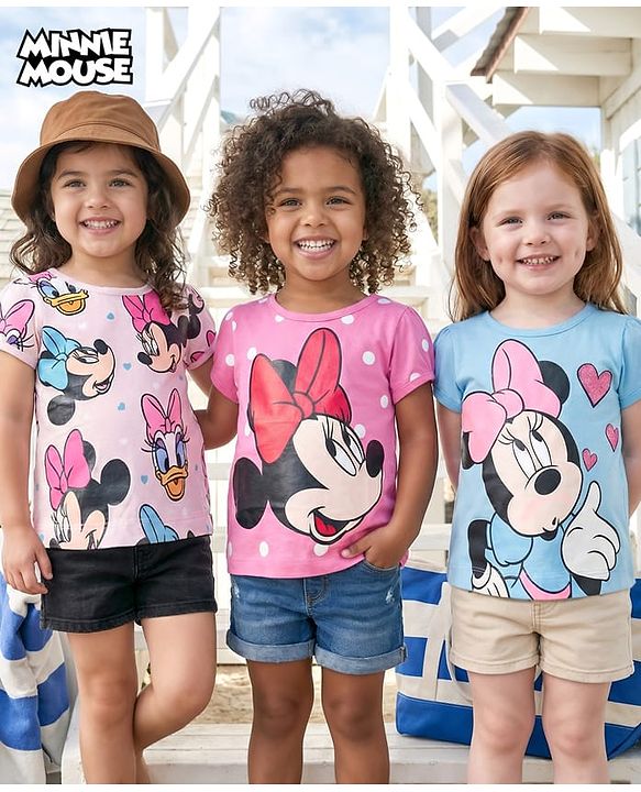 Babyhug Disney Single Jersey Knit Half Sleeves T-Shirts With Minnie Mouse Graphics Pack of 3 - Pink Blue & White