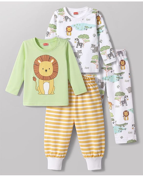 Babyhug Cotton Knit Full Sleeves Striped & Animal Printed Co-Ords T-Shirt & Pyjama Night Suit Pack Of 2 - Multicolor