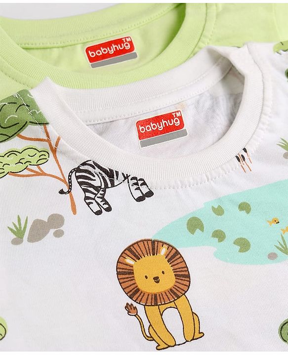 Babyhug Cotton Knit Full Sleeves Striped & Animal Printed Co-Ords T-Shirt & Pyjama Night Suit Pack Of 2 - Multicolor