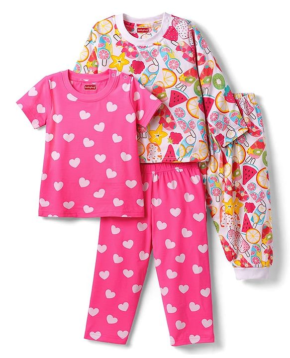 Babyhug 100% Cotton Knit Half & Full Sleeves T-Shirts & Pyjamas Co-ord Night Suits with Heart & Fruit Print Pack of 2 - Multicolor