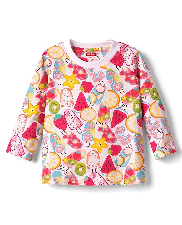 Babyhug 100% Cotton Knit Half & Full Sleeves T-Shirts & Pyjamas Co-ord Night Suits with Heart & Fruit Print Pack of 2 - Multicolor