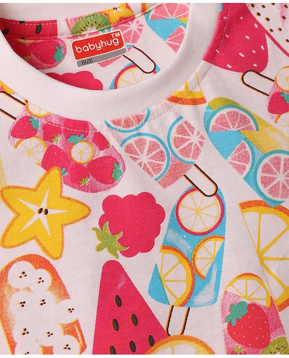 Babyhug 100% Cotton Knit Half & Full Sleeves T-Shirts & Pyjamas Co-ord Night Suits with Heart & Fruit Print Pack of 2 - Multicolor