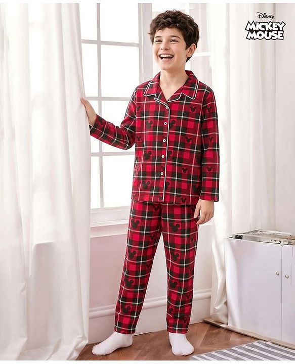 Pine Kids Disney Cotton Woven Full Sleeves Shirt & Pyjama Co-ord Night Suit With Mickey Mouse Print - Multicolor