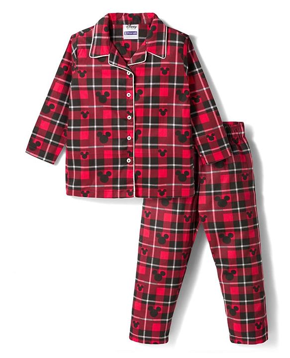 Pine Kids Disney Cotton Woven Full Sleeves Shirt & Pyjama Co-ord Night Suit With Mickey Mouse Print - Multicolor
