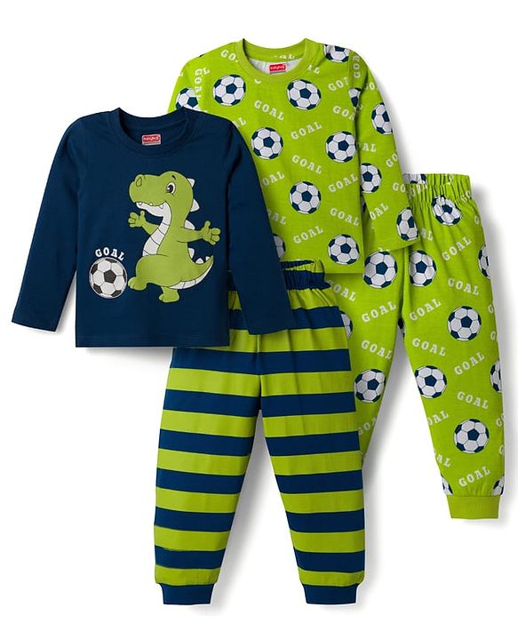 Babyhug 100% Cotton Knit Full Sleeves T-Shirt & Pyjama Night-Suit With Dino & Football Print Pack of 2 - Multicolor