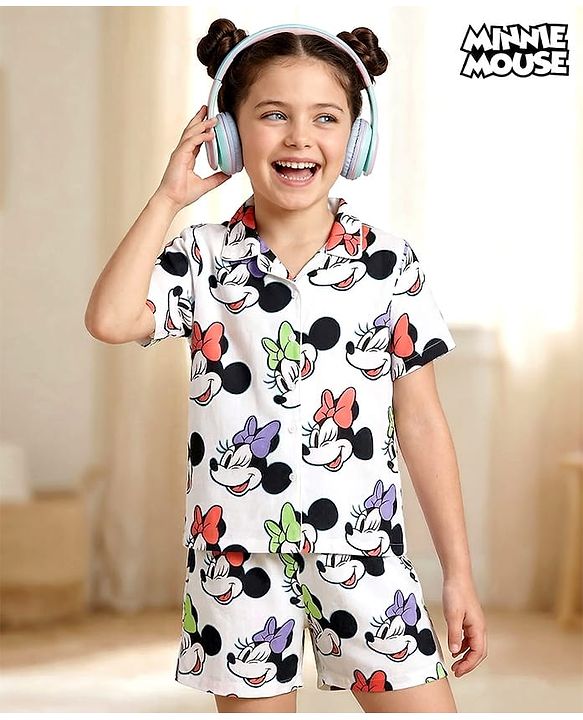 Pine Kids Disney 100% Cotton Woven Half Sleeves Front Open Co-Ords Shirt & Shorts Night Suit With Minnie Mouse Print - White